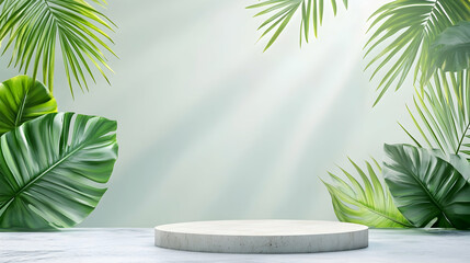 Fototapeta premium Podium display with tropical leaves background, showcasing products in sun rays