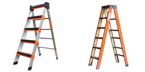 Aluminum and wooden step ladders with orange accents on transparency background