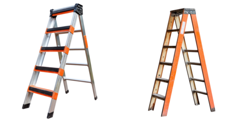 Aluminum and wooden step ladders with orange accents on transparency background
