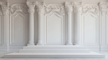 Obraz premium 3d white pillar podium. Cube column base for product display. Empty pedestal platform for museum exhibit or gallery presentation place mockup. Blank exhibition showroom stage clear graphic design