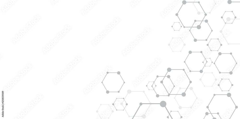 Poster Molecular structure abstract tech background. Geometric white background. Vector banner design with hexagons. Science network pattern, connecting lines and dots Medical background, Vector illustration