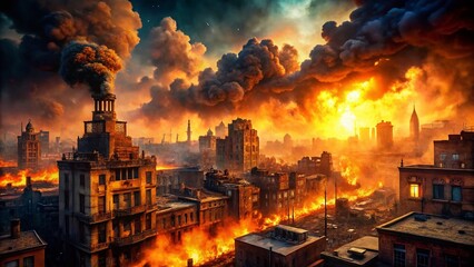 Fototapeta premium Burning World: Apocalyptic Cityscape Architectural Ruin Photography