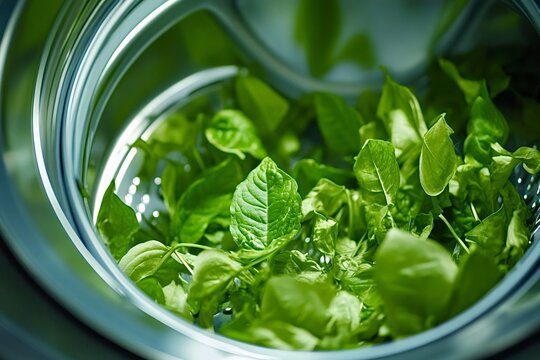 Fresh. Vibrant green leaves are spinning gently in the drum of a washing machine. Symbolizing a commitment to clean and healthy living through the innovative practice of washing fresh produce at home