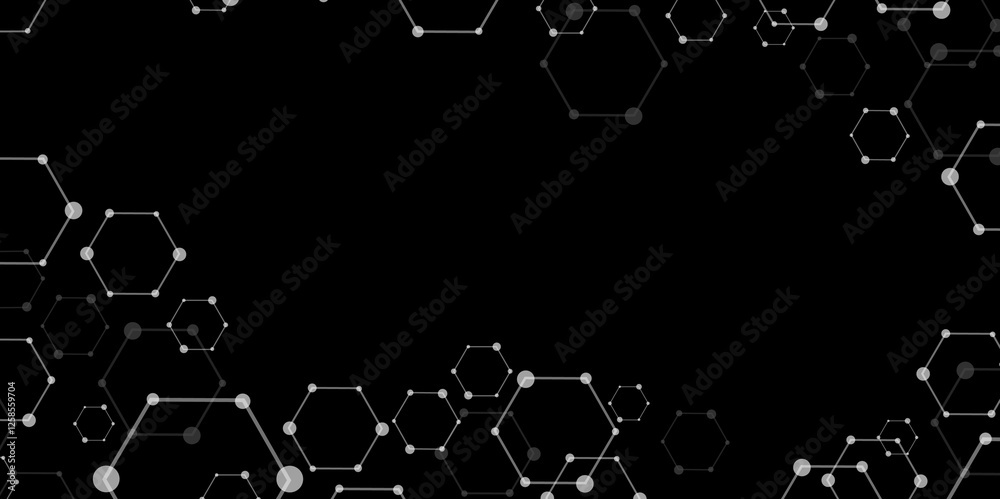 Poster Molecular structure abstract tech background. Geometric black and white Vector banner design with hexagons. Science network pattern, connecting lines and dots Medical background, Vector illustration.