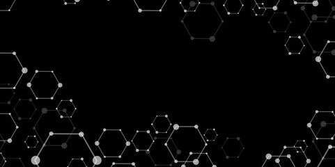 Obraz premium Molecular structure abstract tech background. Geometric black and white Vector banner design with hexagons. Science network pattern, connecting lines and dots Medical background, Vector illustration.