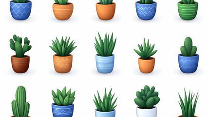 Potted plants neatly arranged on a white background for decoration, product presentation