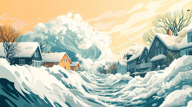 Natural disasters flood, snowslide and tsunami cartoon posters. Nature calamity, cataclysms with houses under water flow, huge waves or snow avalanche. Extreme weather consequences Vector illustration