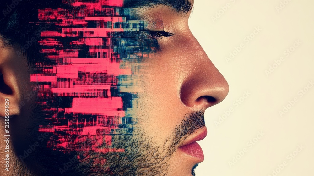 Wall mural Abstract portrait of a young man with digital glitch effect overlaying his face.  Pink and blue hues create a futuristic vibe.