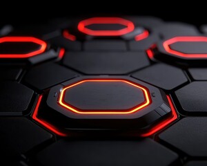 Fototapeta premium Close-up view of a modern, illuminated hexagonal interface with red accents.