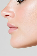 Obraz premium Profile of a girl with beauty makeup on fair skin for cosmetics advertising on a plain background