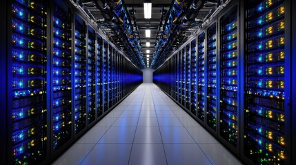 Obraz premium VPN Cloud native style Data center corridor with servers illuminated by blue lights.