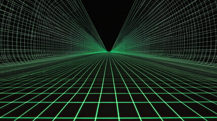 Abstract wireframe landscape perspective. Vector realistic illustration of green grid pattern on transparent black. Retro futuristic virtual cyber space background, digital mesh surface design