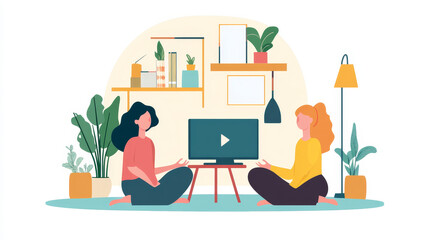 Online yoga classes, women exercise at home front of computer screen, female characters meditate in lotus position, doing asana, watching video. Healthy activity Line art flat vector illustration