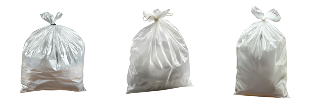 Plastic garbage bags in various sizes, tied securely for waste disposal