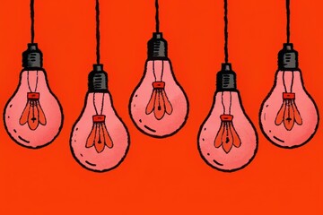 Five illustrated pink light bulbs hanging against a vibrant red background, showcasing creativity