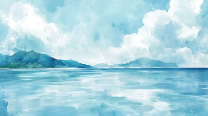 Serene expanse, Watercolor vista of tranquil sea and distant isles