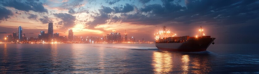 Obraz premium Scenic sunset view of a ship gliding through calm waters.