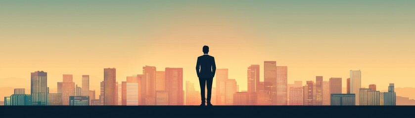 Fototapeta premium Silhouette of a businessman against a city skyline at sunset.