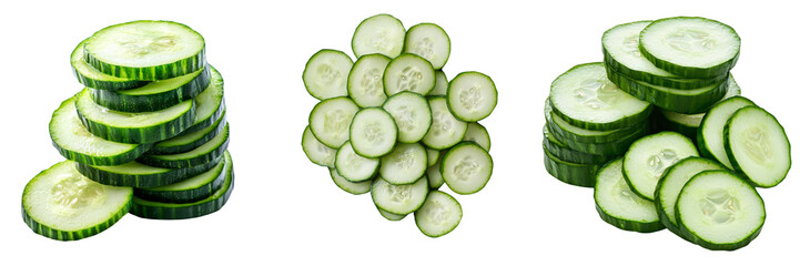 Fresh sliced cucumber rounds arranged in various stacks on transparency background