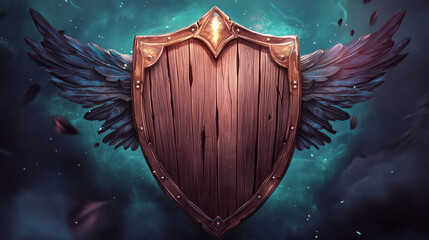 Fototapeta premium Game level ui icons, wooden cracked shields or broken banners with wings and magic haze. Isolated award frames or bonus graphic elements, reward, trophy achievement rpg 2d design, Cartoon vector set