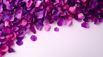 Fototapeta premium A beautiful arrangement of purple and pink flower petals scattered elegantly on a white background.