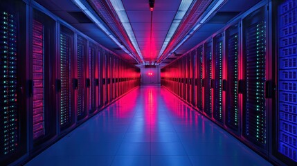 Fototapeta premium VPN Cloud native style Futuristic server room illuminated in blue and red lights.