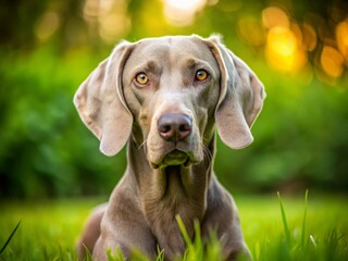 Fototapeta premium Weimaraner Dog Portrait: Elegant Grey Hunter Resting on Lush Green Grass