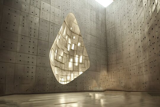 Light streams through the unique, textured concrete oval window illuminating the polished concrete floor inside the ando tadao museum of literature in osaka, japan