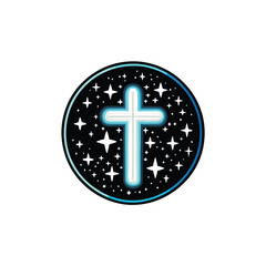 A celestial cross, luminous and radiant, dominates a dark night sky sprinkled with faint, distant stars.  Create a captivating, ethereal image.