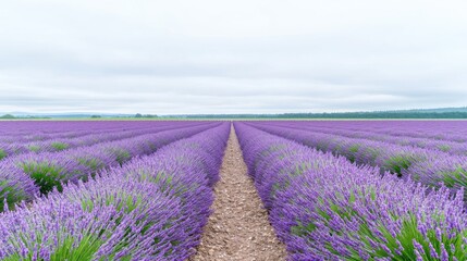 Obraz premium Lavender field rows under overcast sky. Possible use stock photo