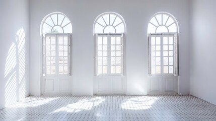 Fototapeta premium A white room featuring three windows White walls house these windows, while a tiled floor, made of white tiles, lies beneath