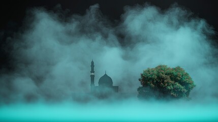 Fototapeta premium Mysterious Mosque Silhouette in Night Fog