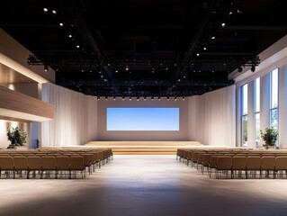 Modern conference hall with empty seats and a clear display screen.