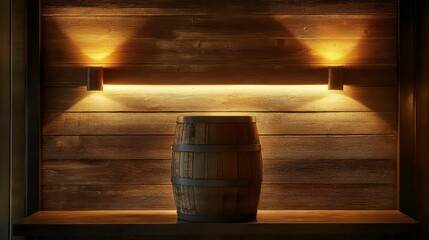 A wooden barrel sits atop a table, both crafted from wood Nearby stands a planked wall, beneath a light that casts illumination on the barrel's base