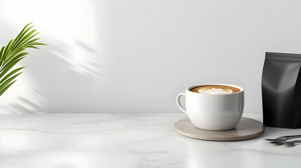 Obraz premium A serene coffee setting featuring a cup on a marble surface with a coffee bag and a touch of greenery.