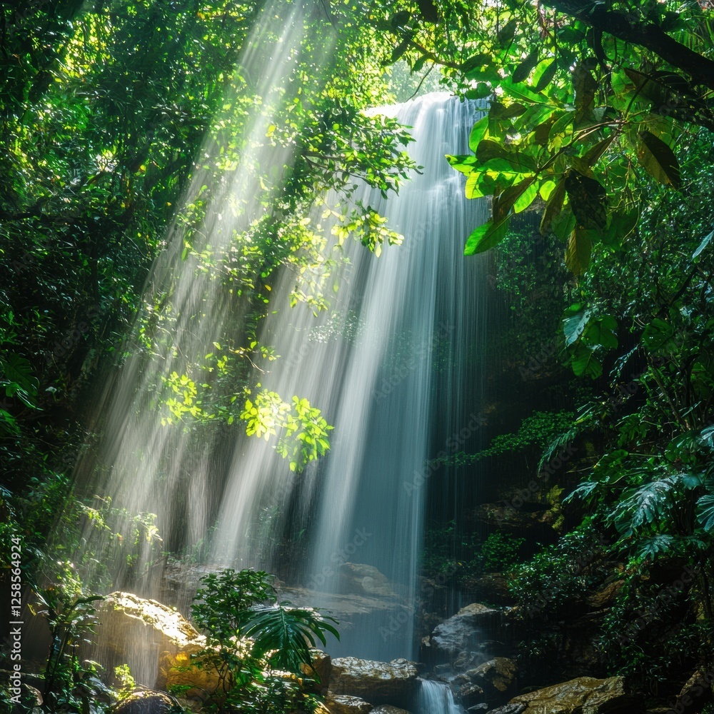 Aufkleber Exploring a serene waterfall surrounded by lush greenery in a tropical rainforest during bright daylight hours. Generative AI