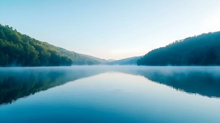 Fototapeta premium Serene Morning Mist Over a Calm Lake Surrounded by Lush Green Trees
