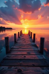 Fototapeta premium Weathered, wooden boat dock at sunset, boat, woodgrain