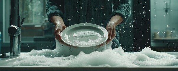 Hands holding a plate over a sink filled with soapy water.