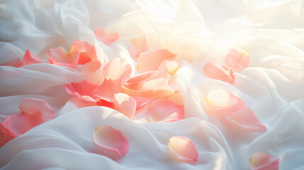 Delicate rose petals on silk, bathed in soft morning light, evoking a dreamy, romantic ambiance.