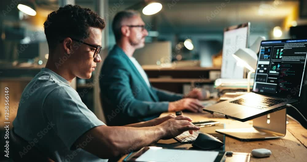 Poster Laptop, typing and business man coding, problem solving or software development in creative startup at night. Programming, computer and person writing data, update algorithm or app with ai engineer