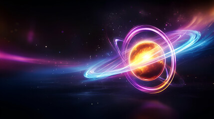 Obraz premium A stunning cosmic scene featuring a glowing planet surrounded by colorful rings and radiant energy trails.