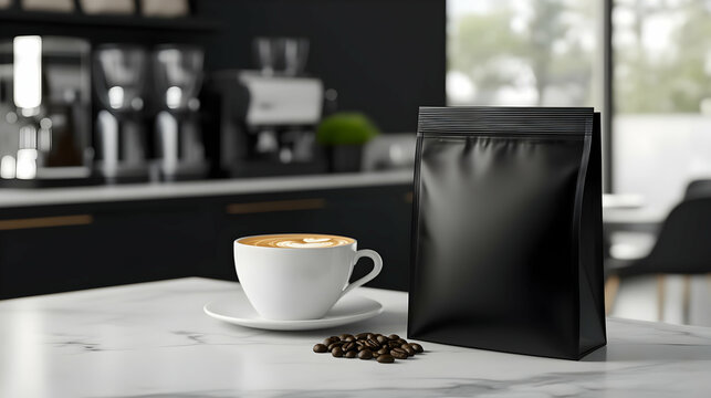 A stylish coffee cup next to a pack of gourmet coffee on a modern kitchen counter, showcasing a cozy atmosphere.