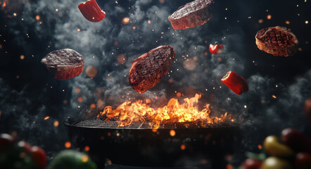Steaks and colorful peppers fly over a fiery grill, demonstrating the lively atmosphere of cooking 