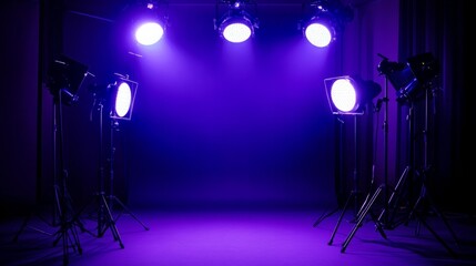 White glowing bokeh lights on a dark purple background, photo studio atmosphere, generative ai