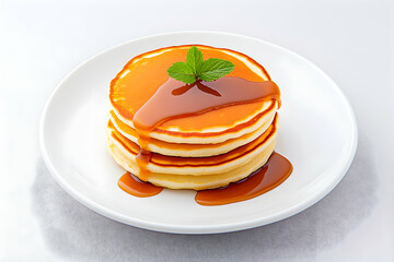 Stack of pancakes with caramel and mint on a plate. Breakfast food on a bright background