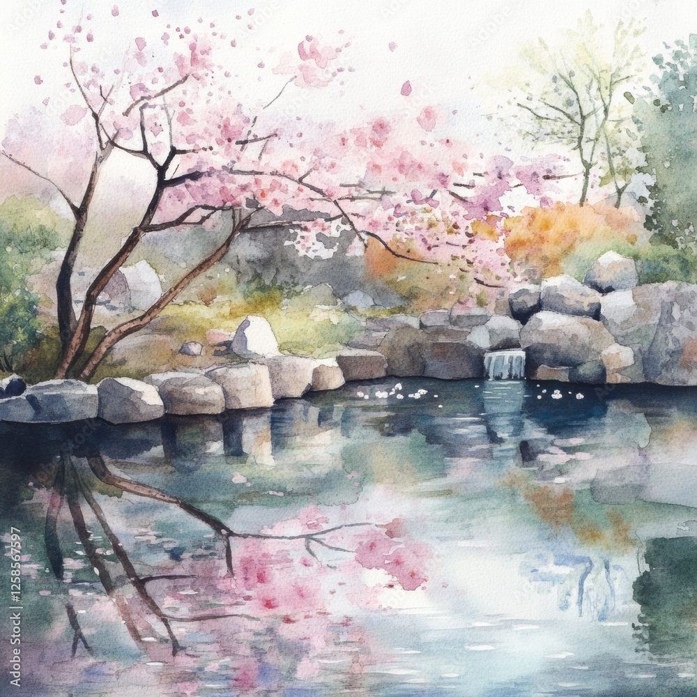 Leinwandbilder cherry blossoms reflect on still waters of a serene pond surrounded by stones and greenery during sp