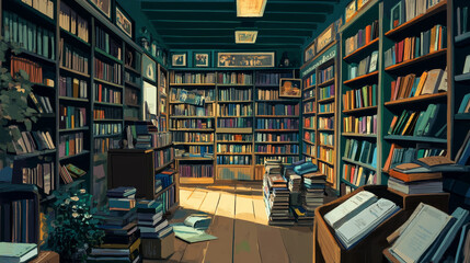 Obraz premium Night bookstore interior, empty book shop room