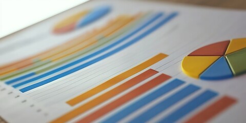 A detailed financial report with graphs and pie charts displayed on a desk.