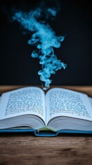 Open Book with Blue Smoke Rising on Wooden Table